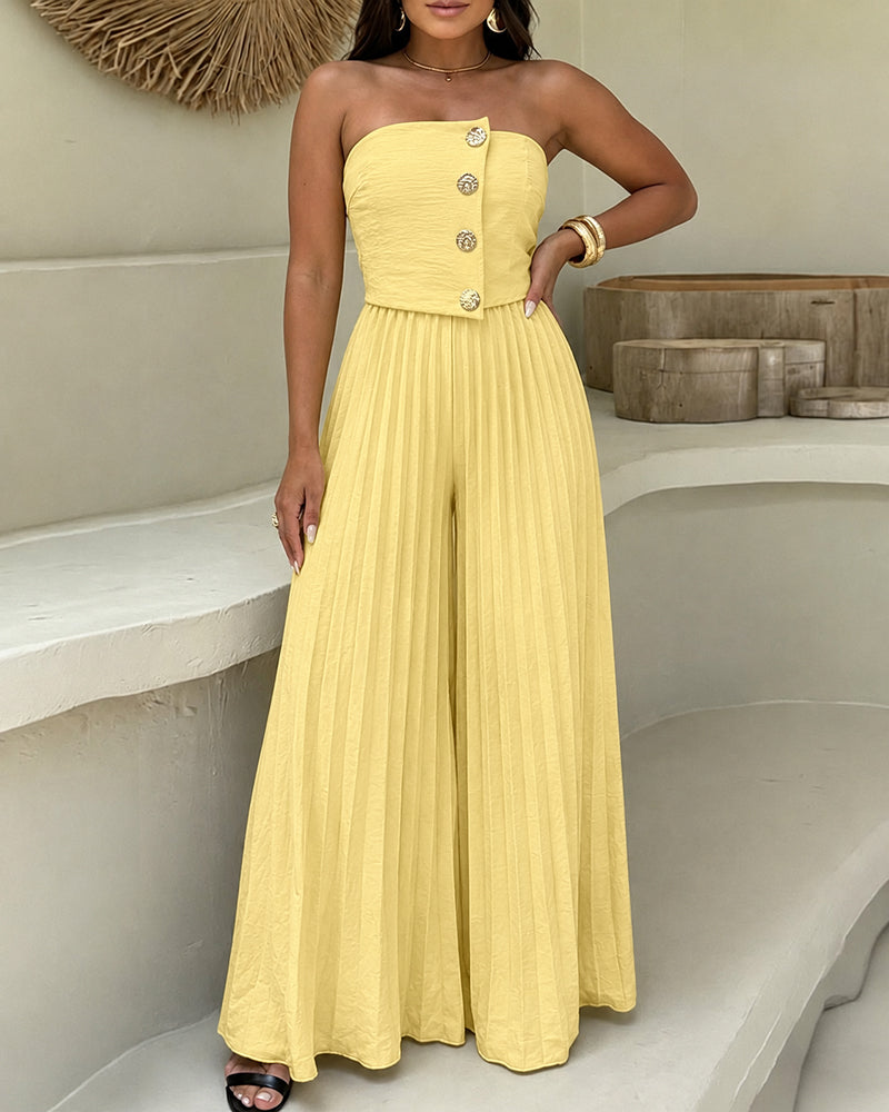 Women's Strapless Jumpsuit Elegant Gold Button Tube Overalls Shirred Pleated High Waisted Wide Leg Jumpsuit with Pockets