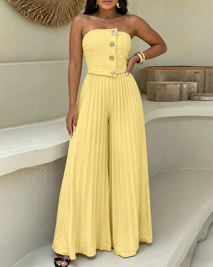 Women's Strapless Jumpsuit Elegant Gold Button Tube Overalls Shirred Pleated High Waisted Wide Leg Jumpsuit with Pockets