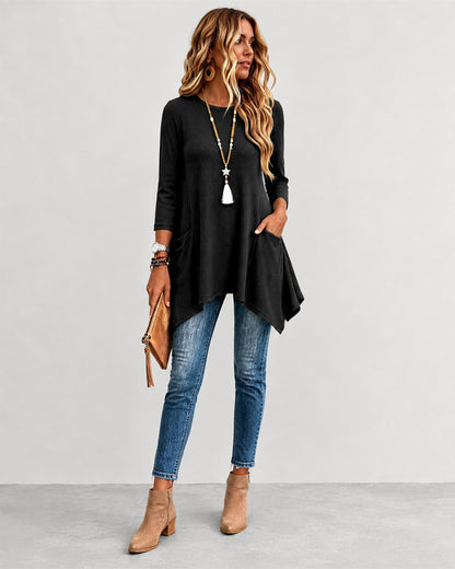 Women's Ribbed Asymmetrical Hem Top Crewneck Three Quarters Sleeve A-Line Casual Top
