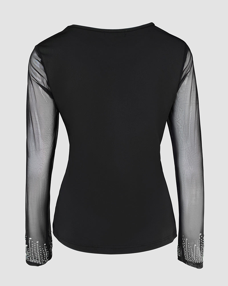 Rhinestone Decor Long Sleeve Sheer Mesh Spliced Tee Slim Fit Top