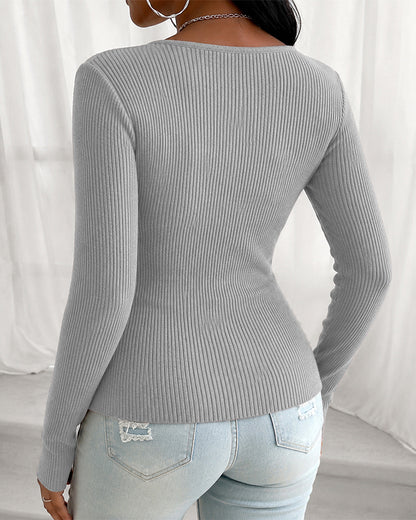 Women's Overlap V Neck Long Sleeve Ribbed Knit Top Rhinestone Side Button Ruched Slim Fit Asymmetric Hem Sweater