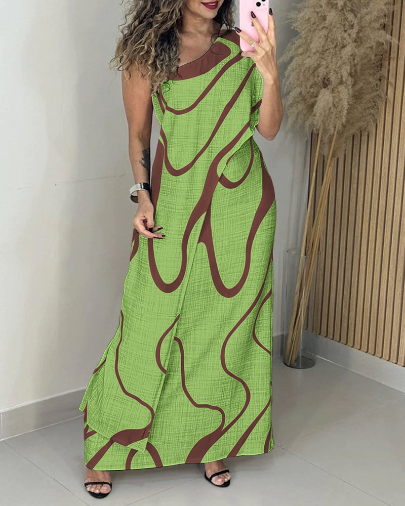 Abstract Print One Shoulder Bodycon Maxi Dress Casual Faux Two Piece Slit Dress