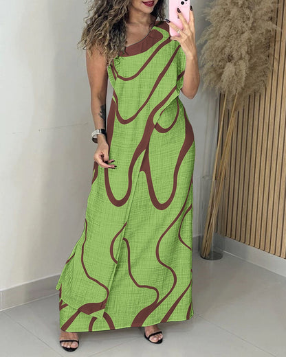 Abstract Print One Shoulder Bodycon Maxi Dress Casual Faux Two Piece Slit Dress