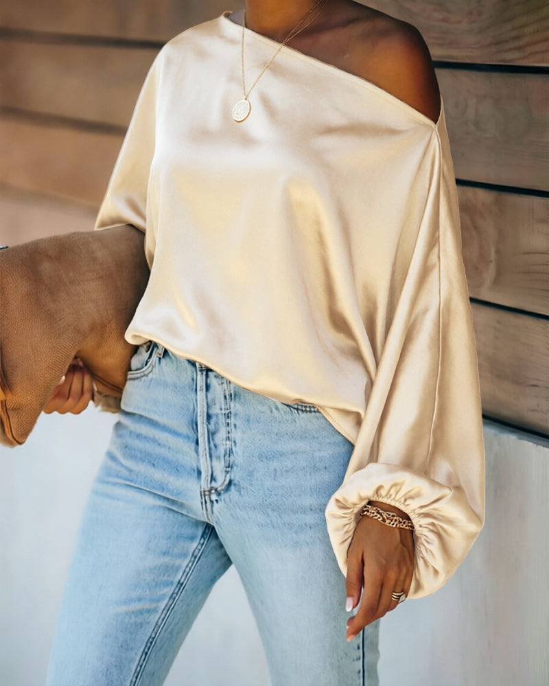 Women's Off Shoulder Satin Blouse Lantern Long Sleeve Shirt Casual Loose Fit Skew Neck Top