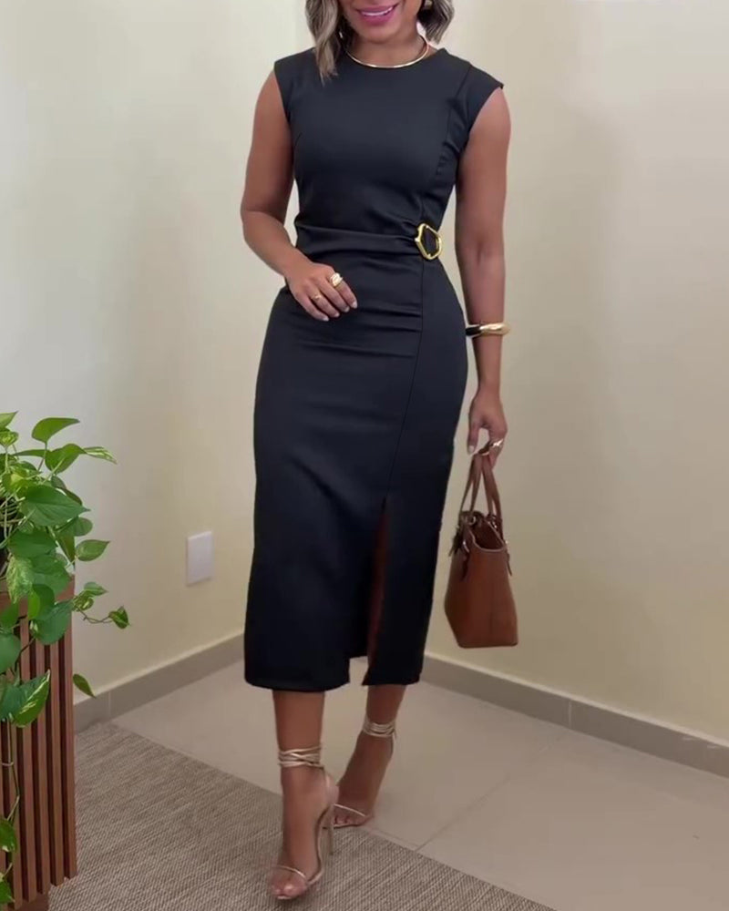 Women's Sleeveless Midi Dress Gold Buckle Ruched Front Slit Bodycon Dress