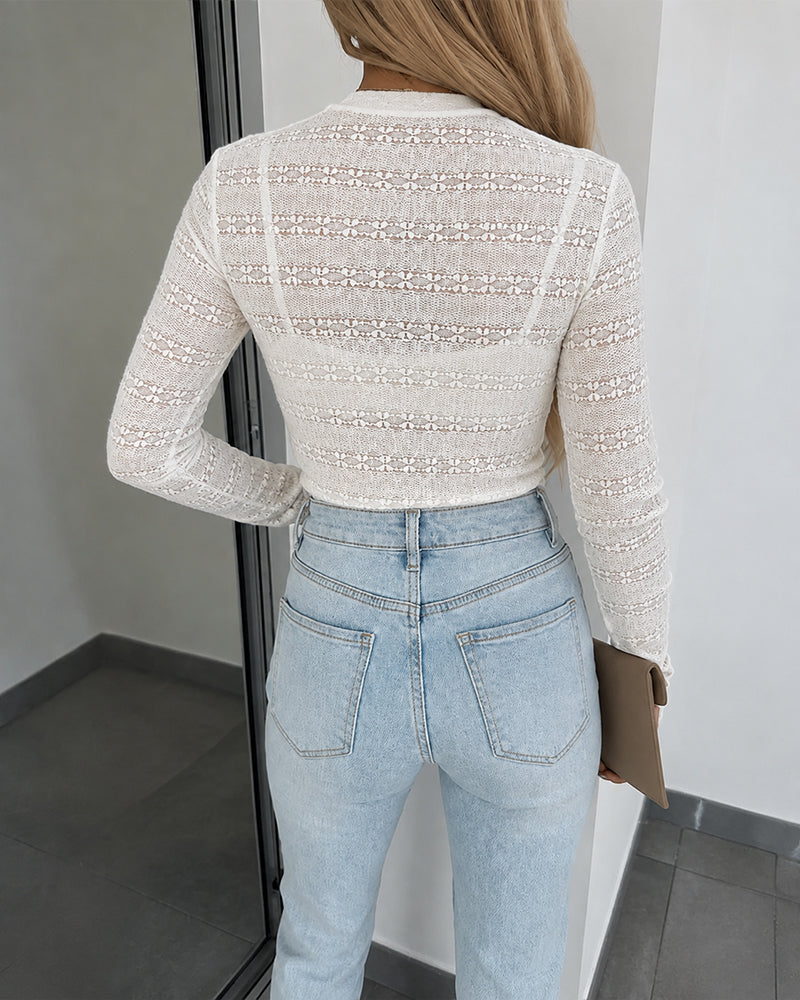 Women's Heart Jacquard Sheer Lace Top Long Sleeve Crewneck Fitted Tee with Thumb Holes