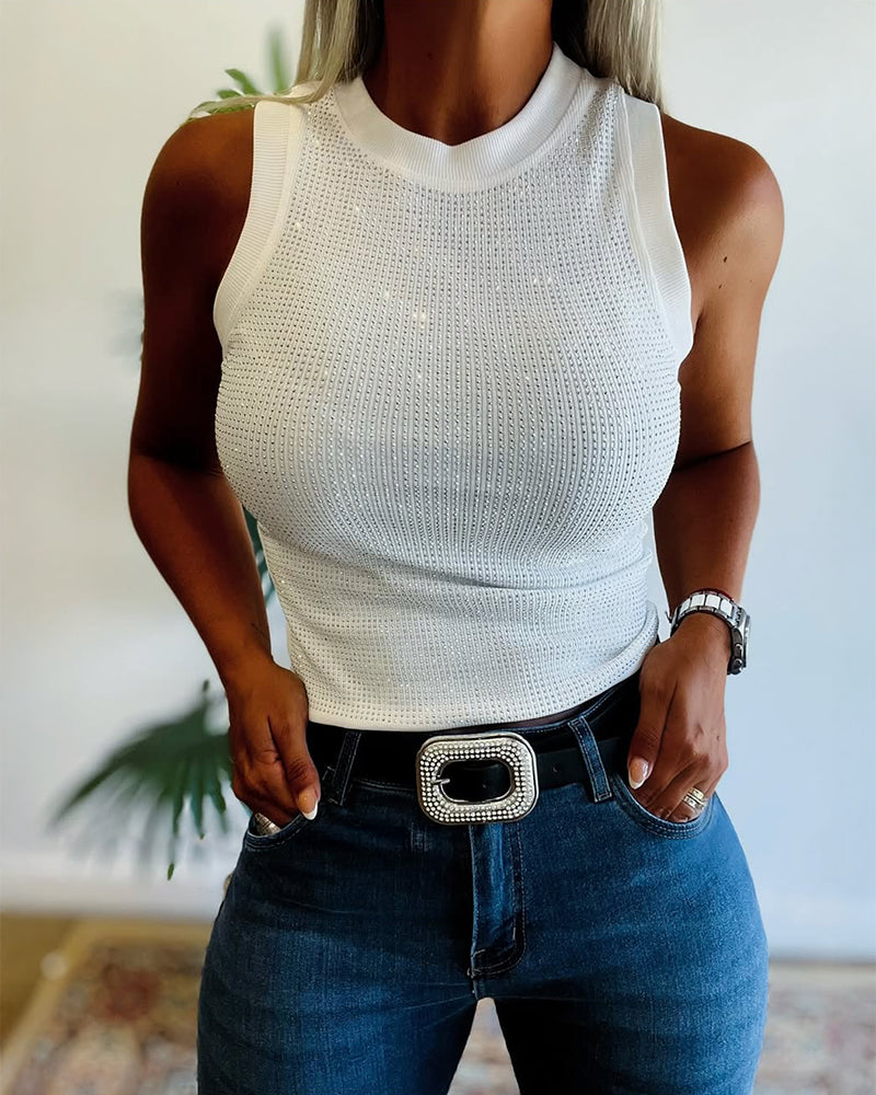 Rhinestone Decor O-neck Sleeveless Knit Tee Slim Fit Tank Top