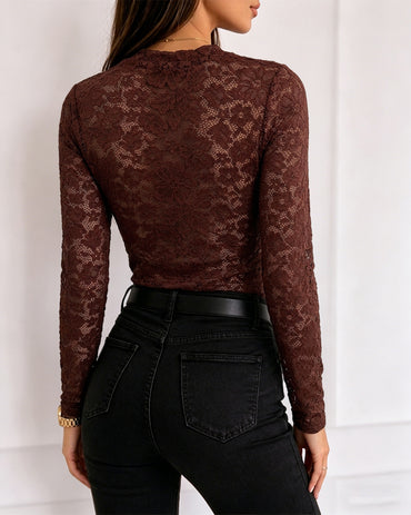 Women's Sexy Sheer Lace Top Long Sleeve O-Neck Slim Fit See-Through Elegant Blouse Base Layer Shirt