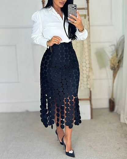 Women’s Lace Tassel Trim Bodycon Skirt Hollow-Out Detail High Waist Pencil Skirt with Side Zipper