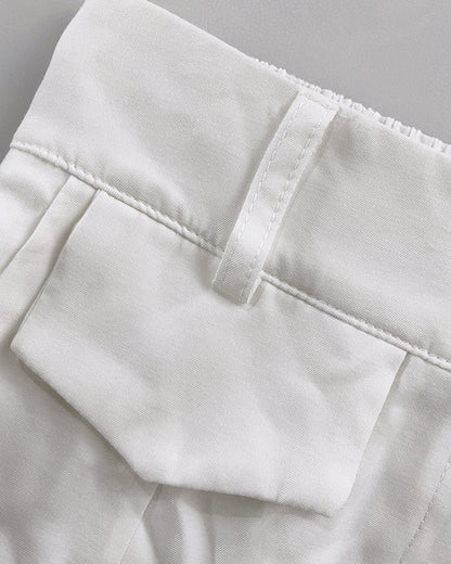 2 Pieces Outfit Turn-down Collar Cap Sleeve Button Front Tied Detail Top and Casual Zipper Fly Elastic Back Waist Wide-Leg Pants Set