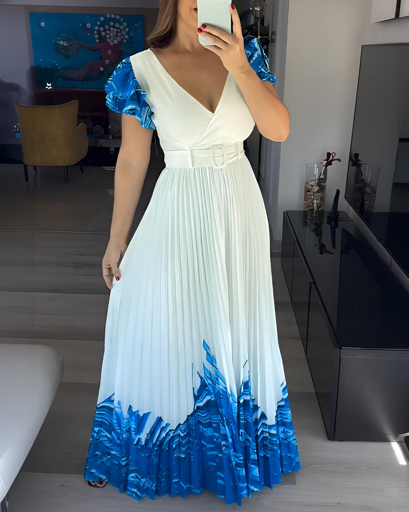 Abstract Placement Print Overlap Deep V-Neck Ruffles Sleeve Pleated Maxi Dress Elegant Zipper Back Cinched Waist Vacation Dress with Belt