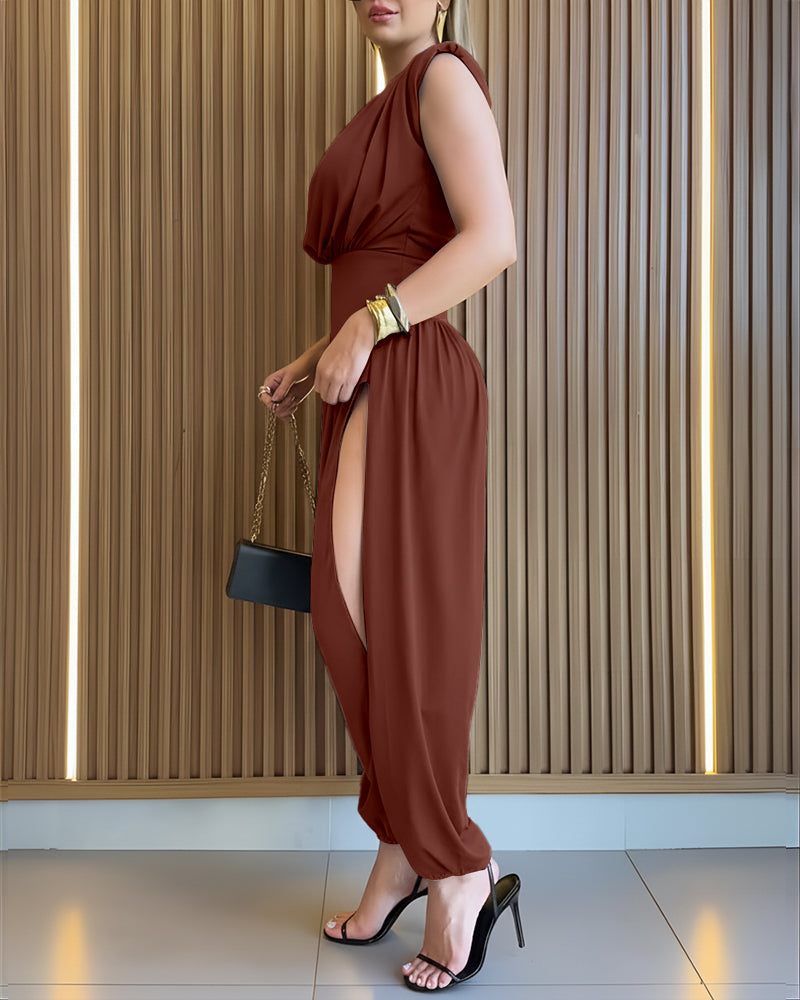 Padded Shoulders Sleeveless Cinched Waist Side High Slit Overalls Casual Hollow-out Back Ruched Jumpsuit