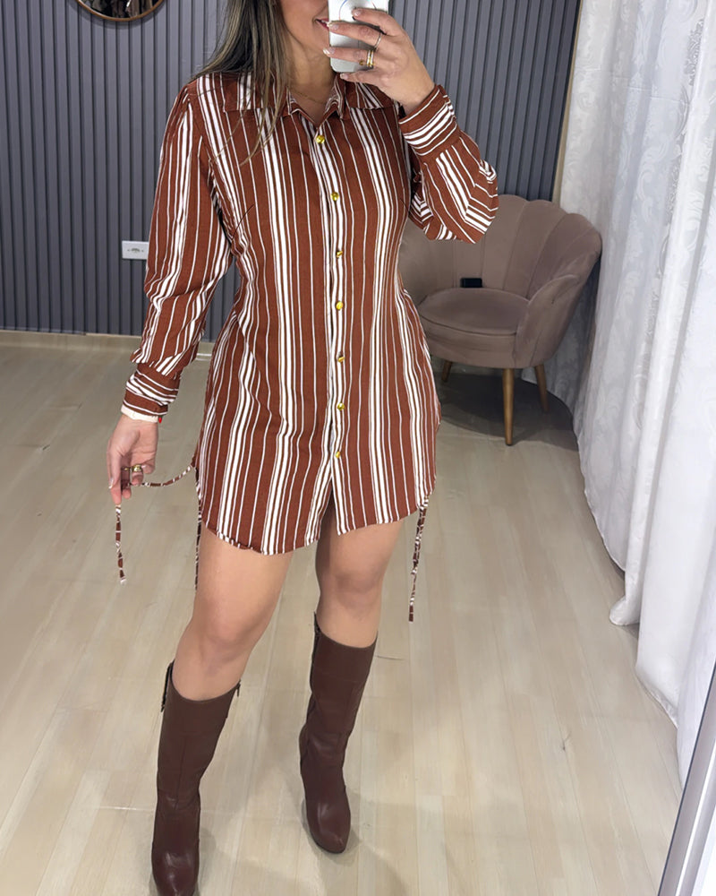 Women's Striped Shirt Dress Button Down Long Sleeve Shirred Waist Casual Dress