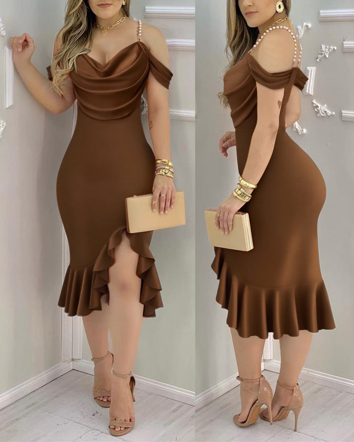 Cold Shoulder Pearls Straps Bodycon Dress Cowl Neck Asymmetrical Ruffle Hem Party Dress