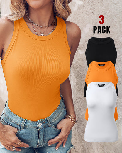 3 Pack Knit Round Neck Thick Strap Racerback Tank Tops(Without Pads)