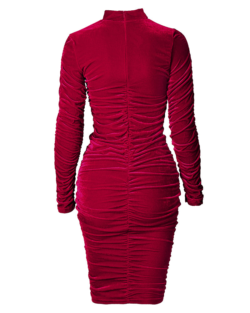 Velvet Mock Neck Ruched Bodycon Dress