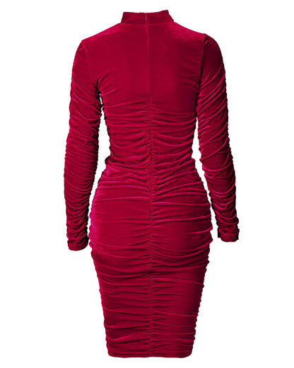 Velvet Mock Neck Ruched Bodycon Dress