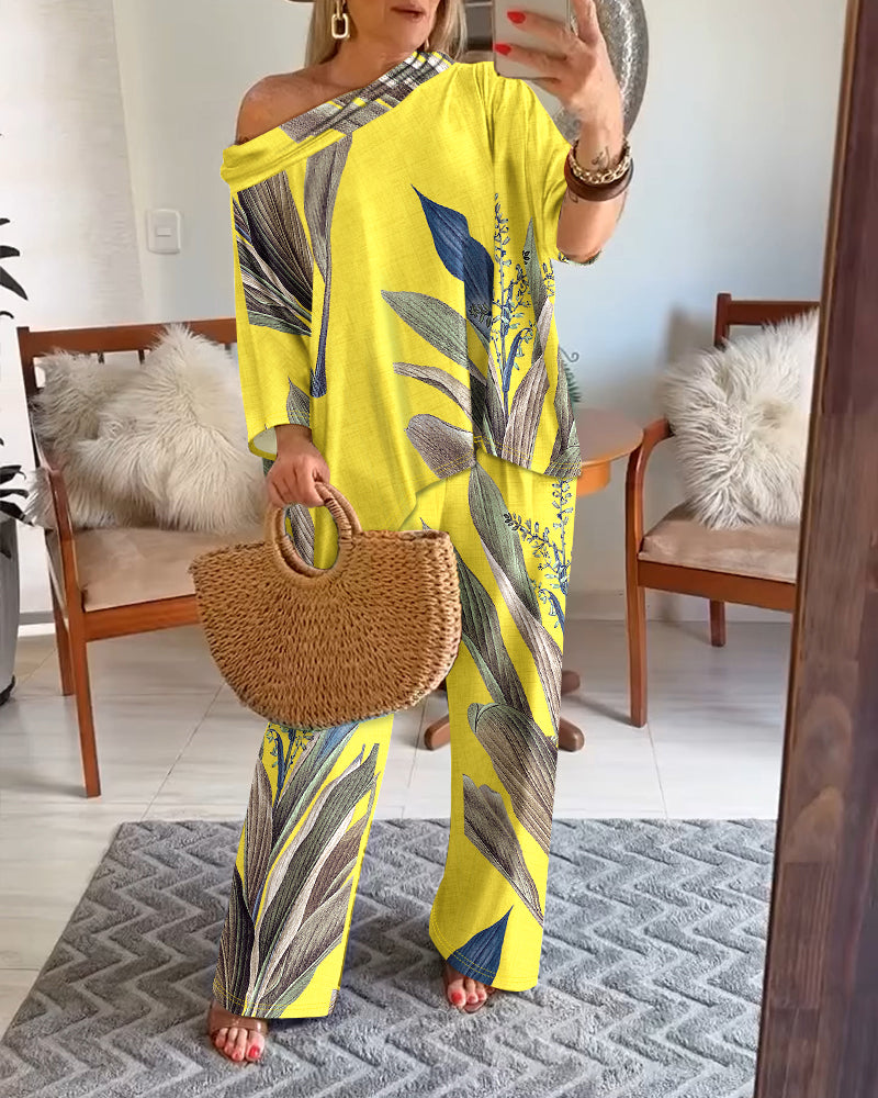 2 Pieces Outfit Plants Print Cold Shoulder Batwing Sleeve Top and Casual Wide Leg Pants Set