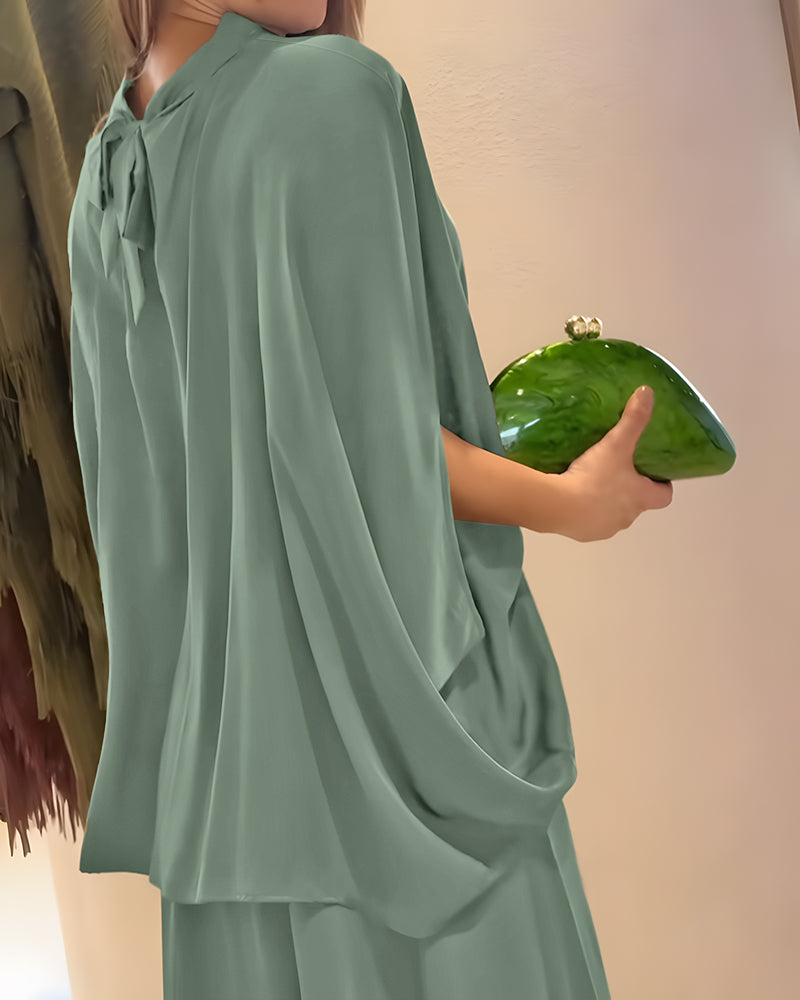 2 Pieces Outfit Stand Collar Batwing Sleeve Tie Back Top and High Waist Elastic Back Waist Skirt Set Elegant Satin Commuting Set