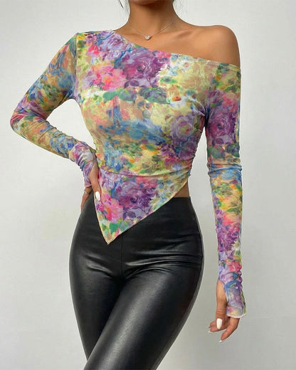 Tie Dye Floral Print Skew Neck Long Sleeve Asymmetrical Hem Tee Slim Fit Side Ruched Sheer Mesh Top with Thumb Hole Cuffs & Lining