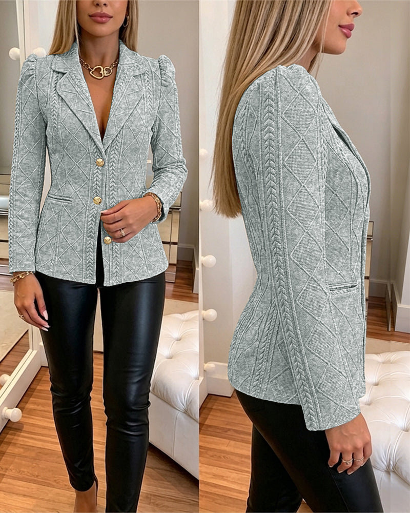 Blazer elegante de mujer con textura de cuadros de rombos, corte entallado, mangas abullonadas y botones dorados, chaqueta de traje para oficina con bolsillos