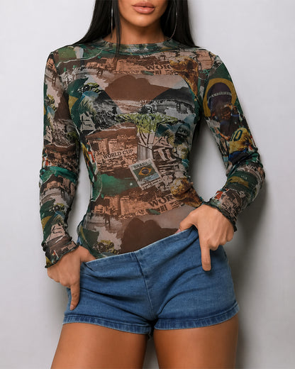 Women's Y2K Vintage Print Sheer Mesh Top Slim Fit Mock Neck Sexy Tee Shirt Lettuce Trim Long Sleeve Blouse