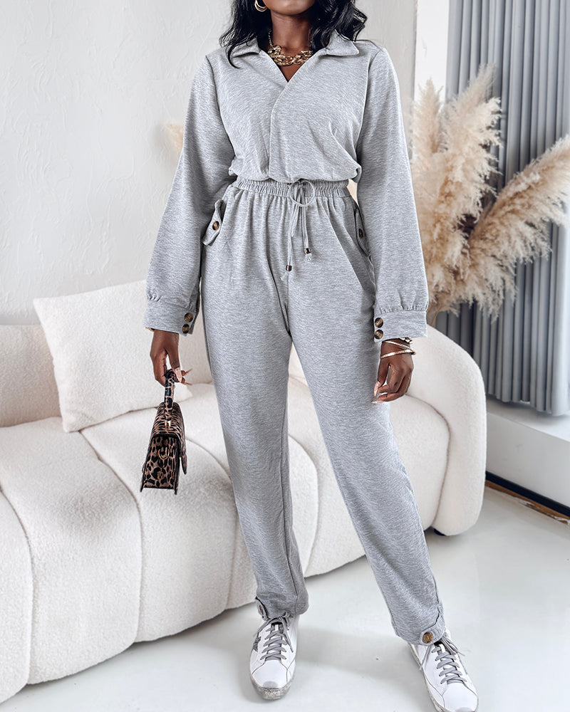 Turn-down Collar Overlap V-Neck Drawstring Stretchy Waist Jumpsuit Casual Flap Pockets Design Jumpsuit