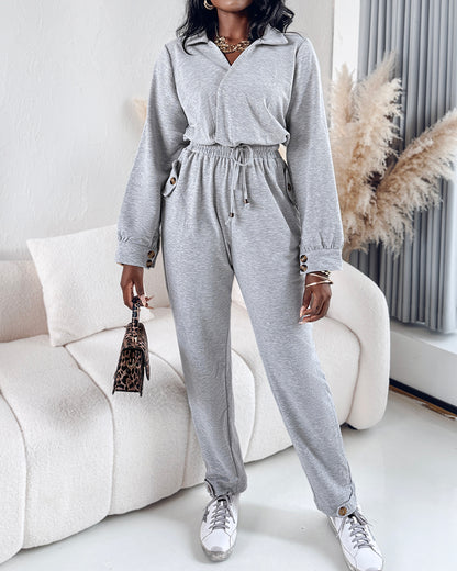 Turn-down Collar Overlap V-Neck Drawstring Stretchy Waist Jumpsuit Casual Flap Pockets Design Jumpsuit