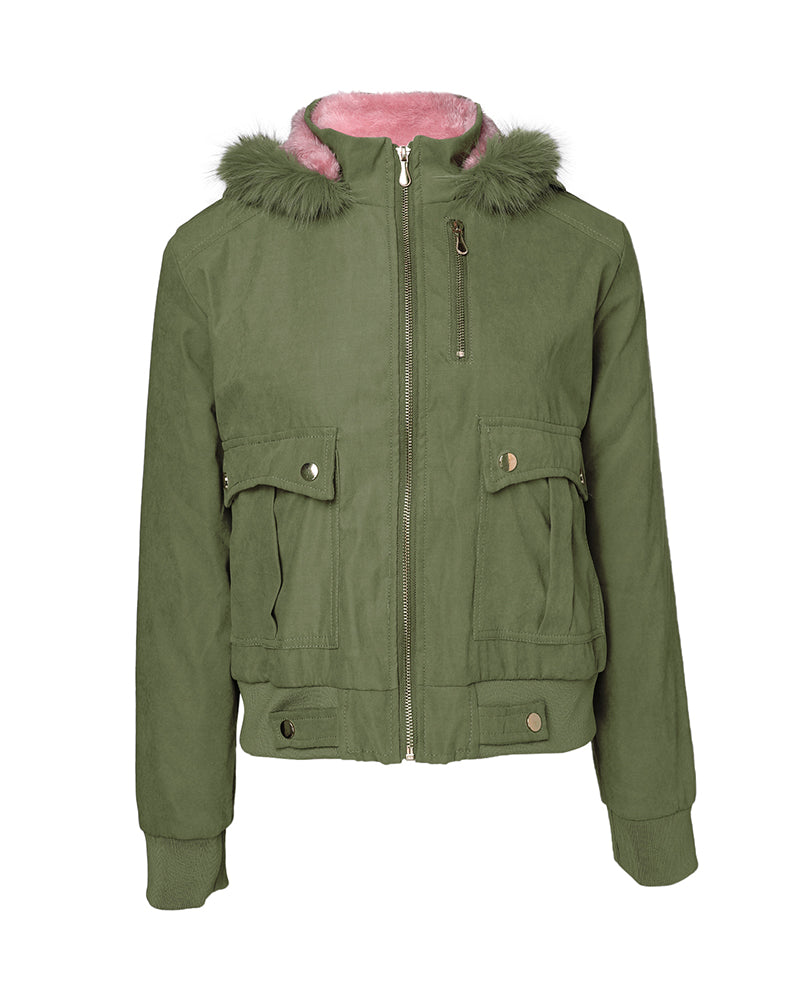 Fuzzy Trim Jacket Hooded Zip Up Fleece Lined Coat Outwear with Pockets
