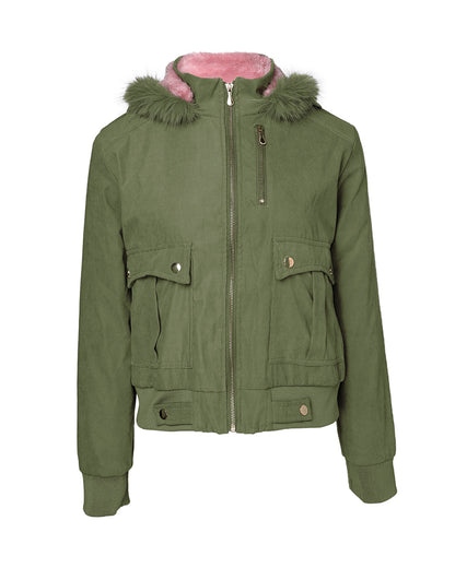 Fuzzy Trim Jacket Hooded Zip Up Fleece Lined Coat Outwear with Pockets