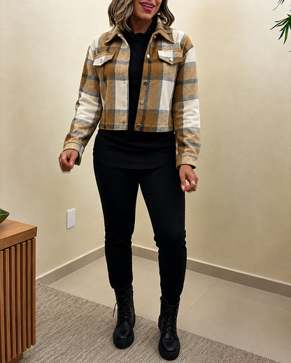Women's Plaid Cropped Shacket Retro Button Down Long Sleeve Coat