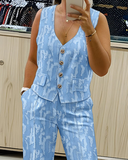Denim Look Jacquard V-Neck Sleeveless Button Top and Casual Pants Set with Pocket