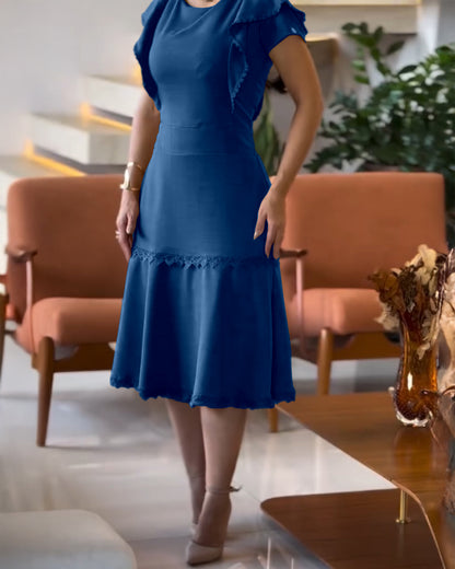 Butterfly Sleeve Hollow-out Back Shirred Work Dress Casual Cinched Waist Lace Trim Ruffle Hem Dress