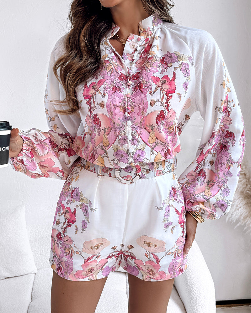 2 Pieces Outfit Floral Placement Print Stand Collar Button Button Front Lantern Sleeve Top and Casual Elastic Back Waist Shorts Set with Belt
