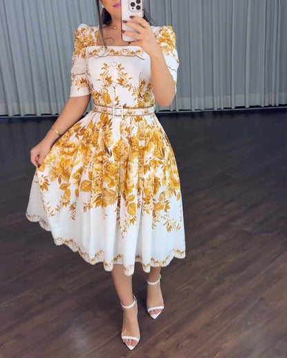 Floral Print Square Neck Puff Sleeve Pleated Front Dress Heart Button Decor Shirred Back Cinched Waist Vacation Dress with Belt