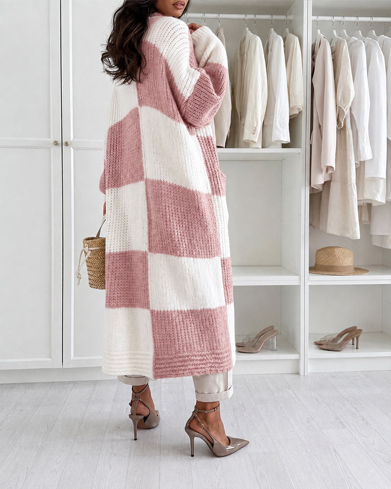 Women's Checkerboard Knit Cardigan Oversized Long Chunky Sweater Loose Lantern Sleeve Coat with Pockets