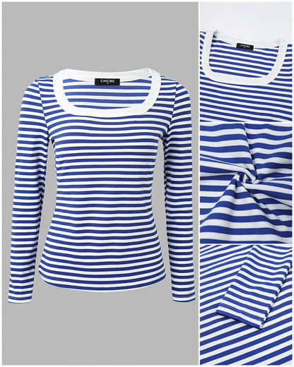 Women's Striped Ribbed U-Neck Long Sleeve Top Slim Fit Contrast Trim Tee
