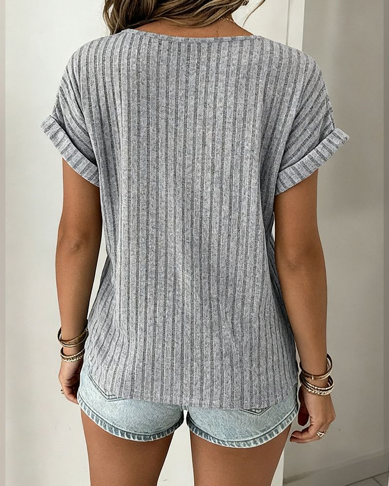 Lace Spliced Round Neck Rolled Cuffs Tee Casual Short Sleeve Ribbed Brushed Top