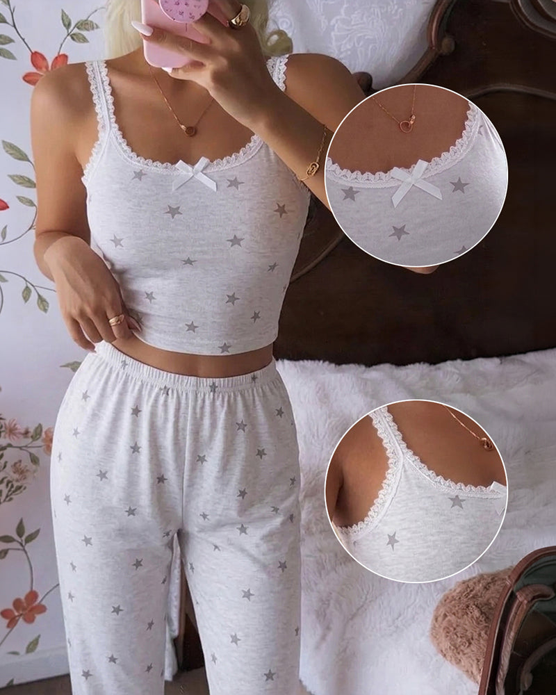 Women's Star Print 2 Piece Pajamas Set Lace Cami Top and Pants Casual Loungewear Bowknot Sleepwear