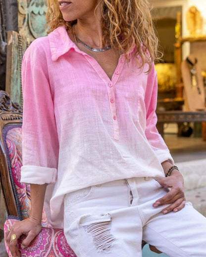 Ombre Turn-down Collar Roll Up Sleeve Half Button Front Shirt Casual Pocket Design Loose Fit Top