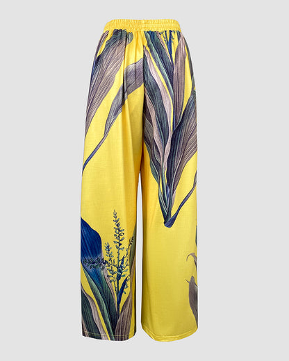 2 Pieces Outfit Plants Print Cold Shoulder Batwing Sleeve Top and Casual Wide Leg Pants Set