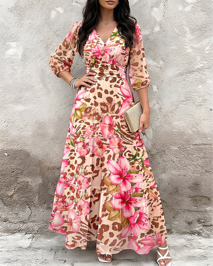 Women's Leopard Floral Print Dress V Neck Three Quarters Sleeve Ruffle Hem Dress Shirred Back A-Line Maxi Vacation Dress