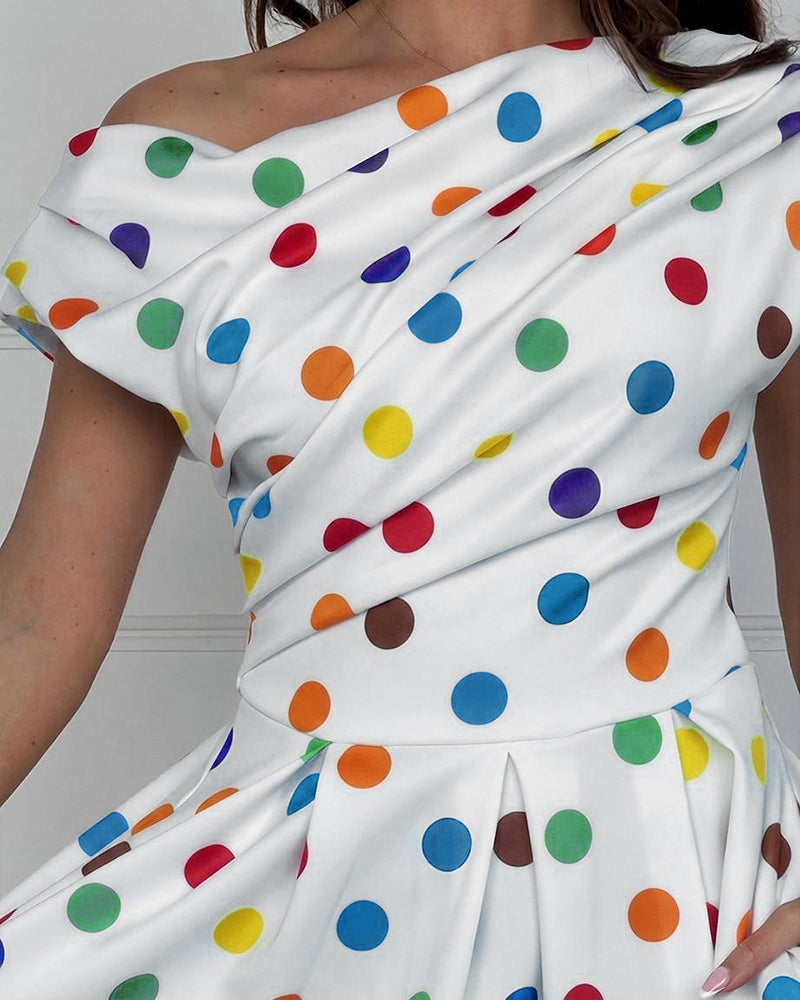 Women's Skew Neck Midi Dress Ruched Polka Dot Vacation Dress High Waisted A-Line Sundress with Pockets