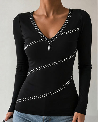 Women's Deep V Neck Rhinestone Top Slim Fit Long Sleeve Ribbed Knit Tee Sparkly Blouse