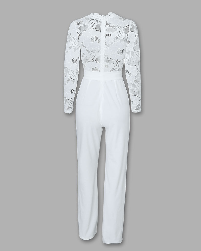 Crochet Lace Trim Deep V-Neck Floral Lace Spliced Ovearalls Casual Zipper Back Seam Front Jumpsuit with Belt