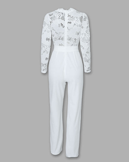 Crochet Lace Trim Deep V-Neck Floral Lace Spliced Ovearalls Casual Zipper Back Seam Front Jumpsuit with Belt