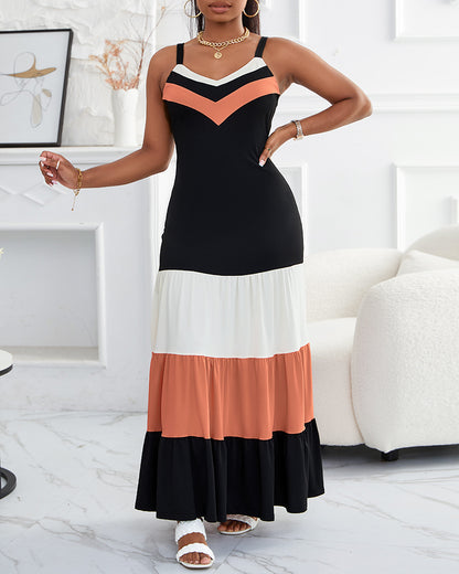 Spaghetti Strap Colorblock Ruched Ruffles Maxi Dress