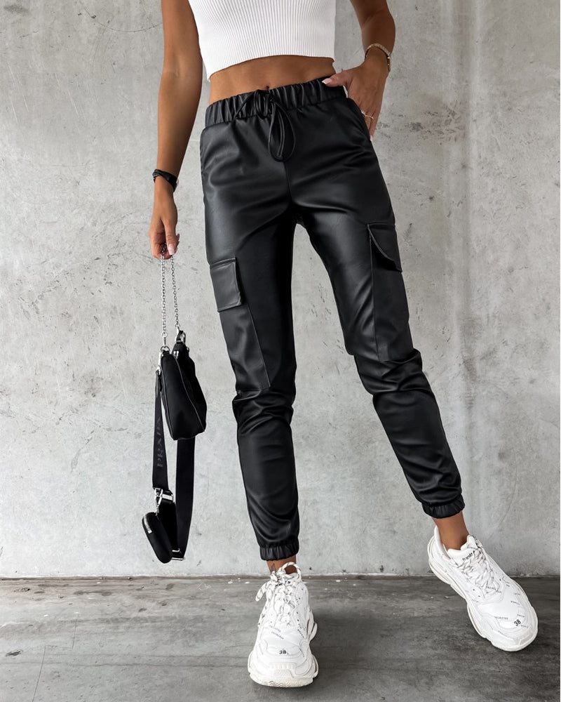 Elastic Waist PU Leather Drawstring Cuffed Pants with Pocket