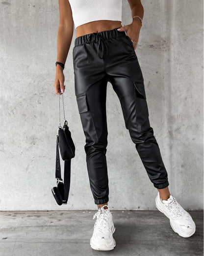 Elastic Waist PU Leather Drawstring Cuffed Pants with Pocket