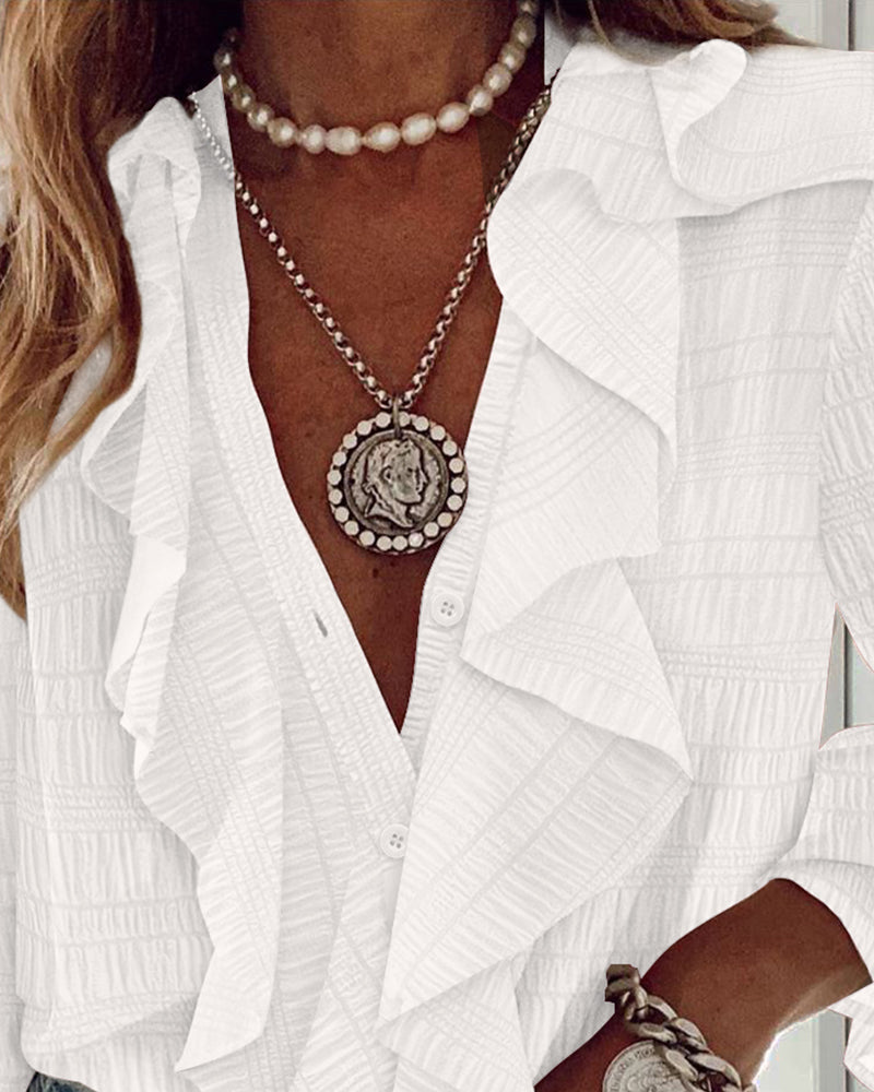 Ruffle Hem Long Sleeve Textured Blouse